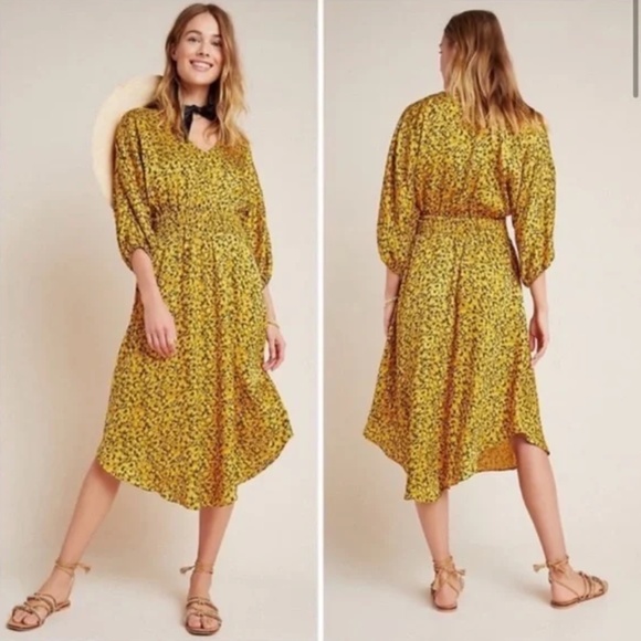 ANTHROPOLOGIE WOMENS MIDI LENGTH CINCHED WAIST MARIGOLD DRESS YELLOW BLACK XS - Picture 1 of 10